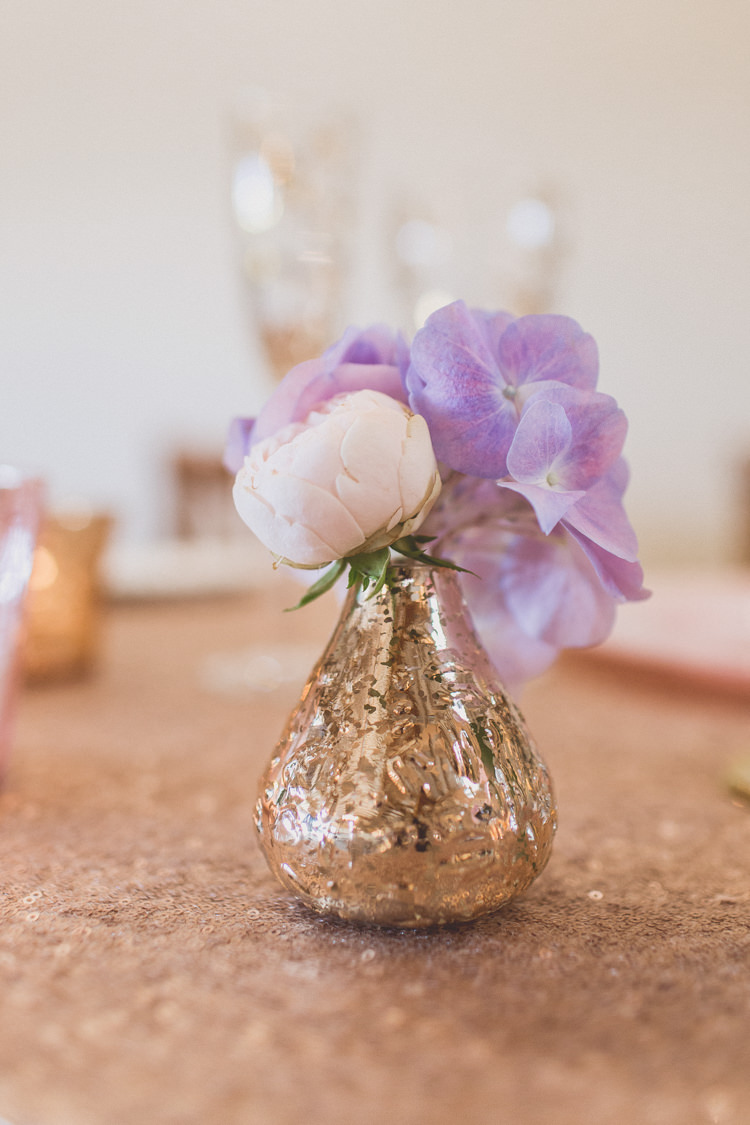 Gold Vase Flowers Sequin Table Cloth Rose Quartz Serenity Spring Wedding Ideas https://www.wearetheclarkes.com/