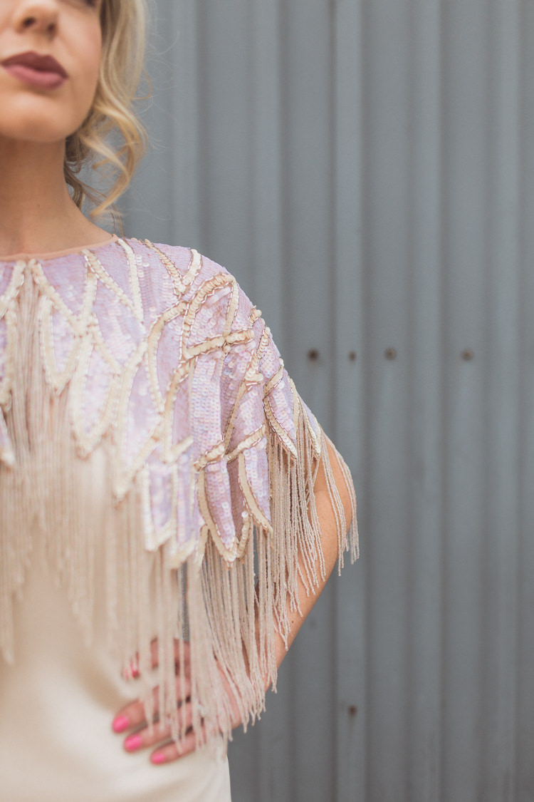 Sequin Tassel Cape Bride Bridal Accessory Rose Quartz Serenity Spring Wedding Ideas https://www.wearetheclarkes.com/
