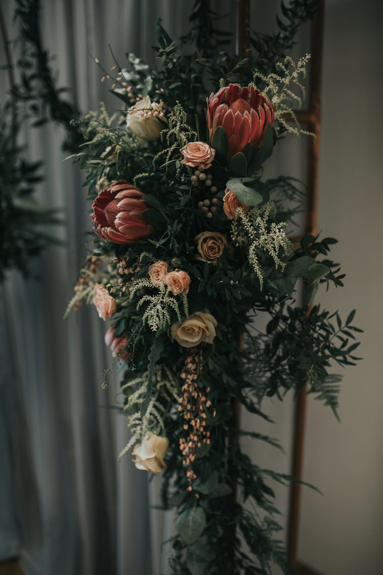 Flowers Pink Foliage Roses Protea Industrial Into The Wild Greenery Wedding Ideas http://www.ivoryfayre.com/
