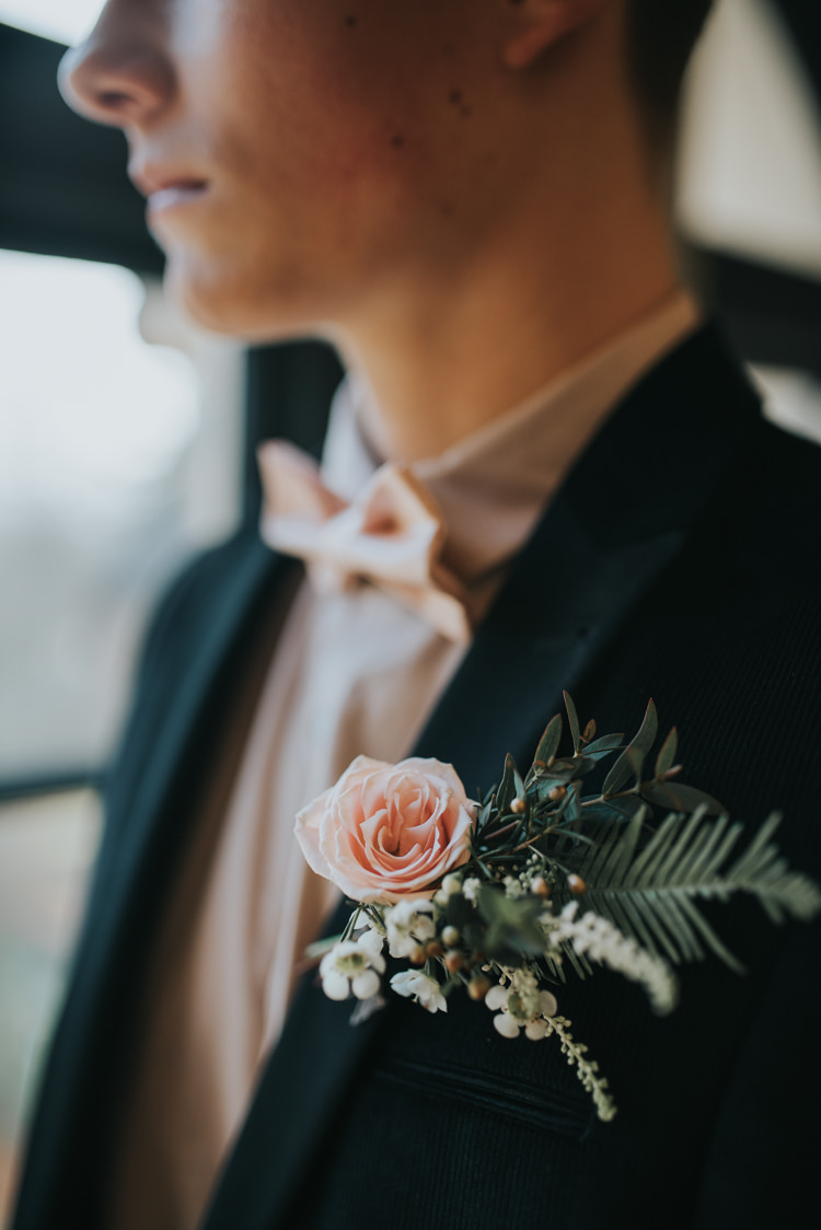 Buttonhole Groom Large Flowers Foliage Pink Rose Industrial Into The Wild Greenery Wedding Ideas http://www.ivoryfayre.com/
