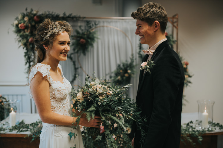Ceremony Flowers Backdrop Hoops Foliage Aisle Pew End Chairs Table Industrial Into The Wild Greenery Wedding Ideas http://www.ivoryfayre.com/