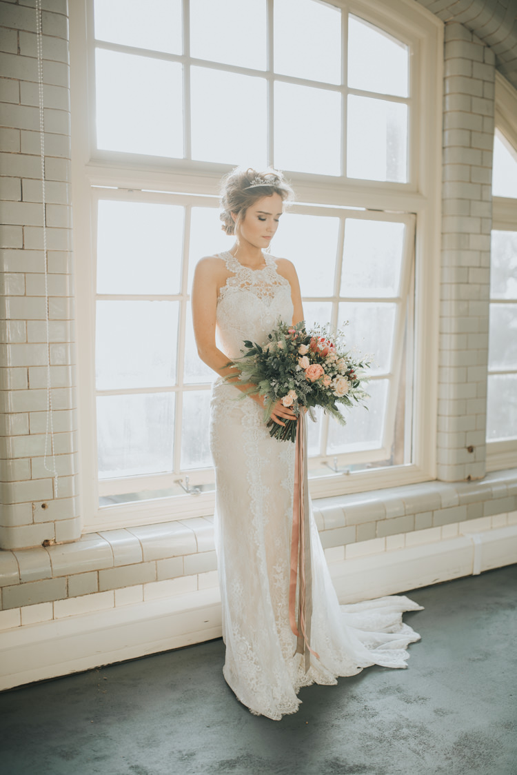Dress Gown Bride Bridal Silk Lace Straps Halterneck Industrial Into The Wild Greenery Wedding Ideas http://www.ivoryfayre.com/