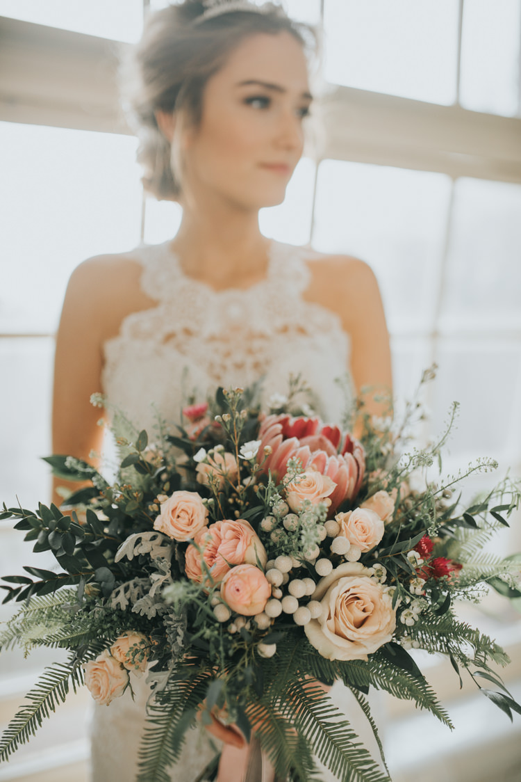 Bouquet Flowers Pink Foliage Roses Protea Bride Bridal Ribbons Industrial Into The Wild Greenery Wedding Ideas http://www.ivoryfayre.com/