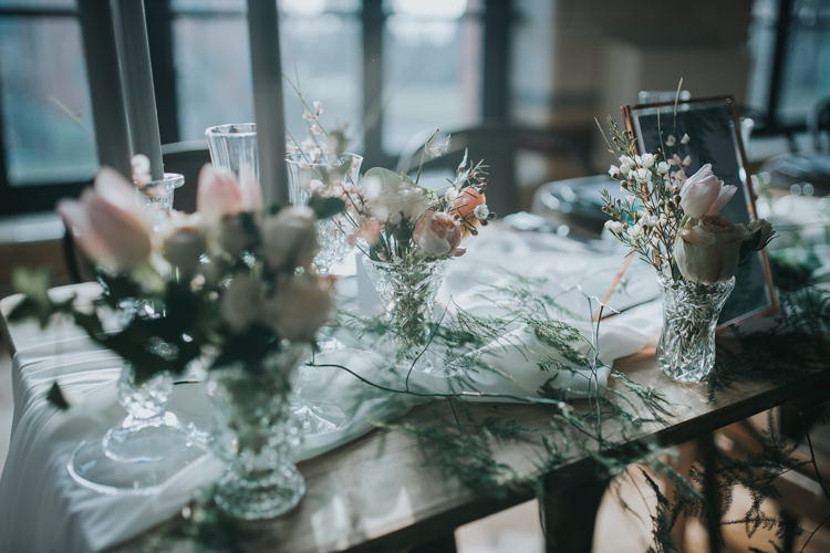 Tablescape Decor Flowers Fabric Silk Cloth Runner Candles Industrial Into The Wild Greenery Wedding Ideas http://www.ivoryfayre.com/