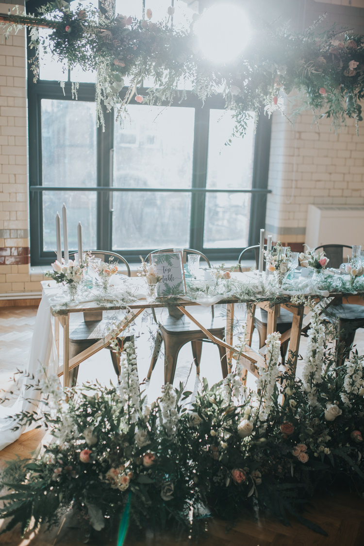 Table Flowers Floor Ceiling Hanging Foliage Decor Table Scape Industrial Into The Wild Greenery Wedding Ideas http://www.ivoryfayre.com/