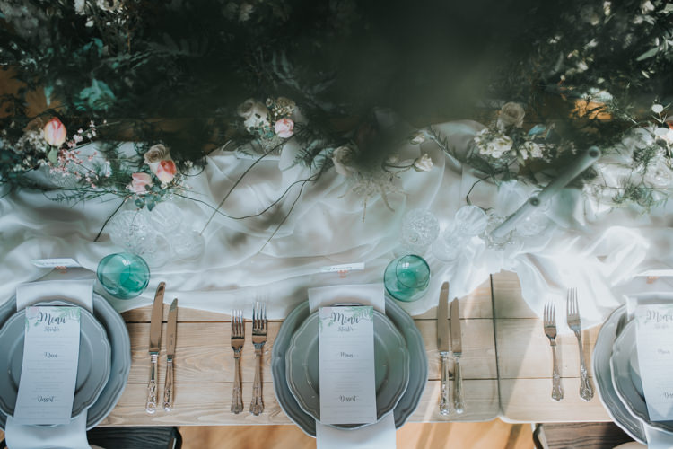 Tablescape Decor Flowers Fabric Silk Cloth Runner Candles Industrial Into The Wild Greenery Wedding Ideas http://www.ivoryfayre.com/