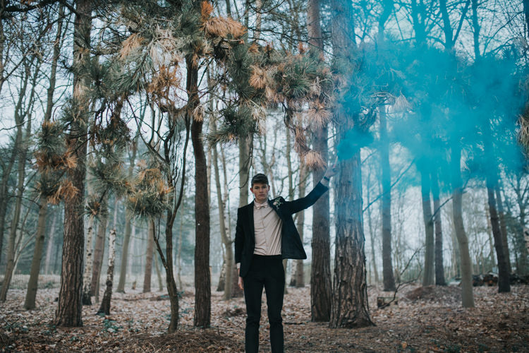 Groom Black Suit Pink Bow Tie Outfit Style Smoke Bomb Industrial Into The Wild Greenery Wedding Ideas http://www.ivoryfayre.com/