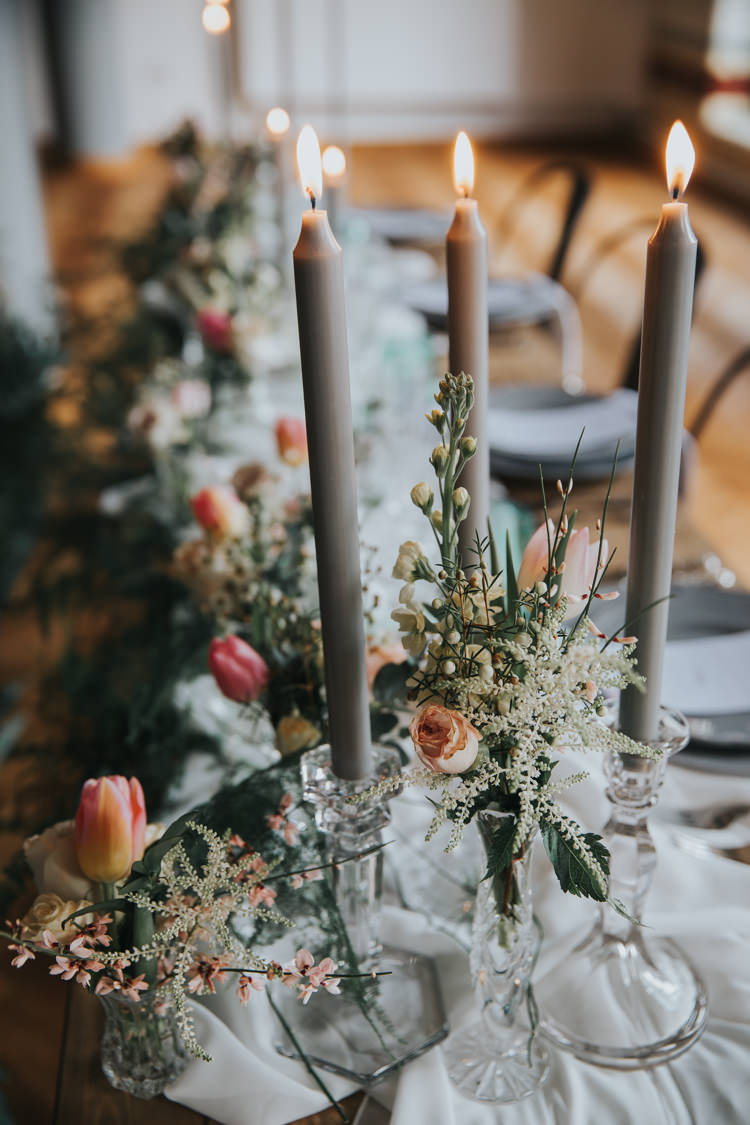 Tablescape Decor Flowers Fabric Silk Cloth Runner Candles Industrial Into The Wild Greenery Wedding Ideas http://www.ivoryfayre.com/