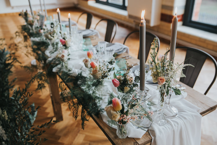 Tablescape Decor Flowers Fabric Silk Cloth Runner Candles Industrial Into The Wild Greenery Wedding Ideas http://www.ivoryfayre.com/