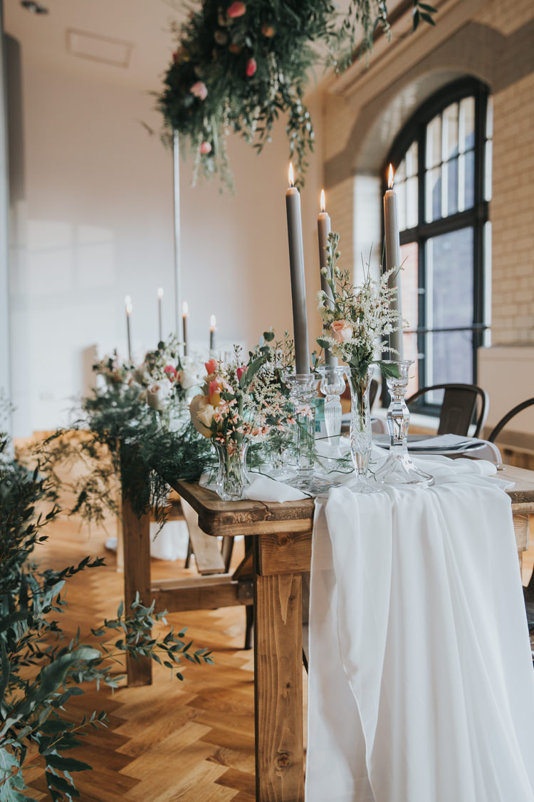 Tablescape Decor Flowers Fabric Silk Cloth Runner Candles Industrial Into The Wild Greenery Wedding Ideas http://www.ivoryfayre.com/