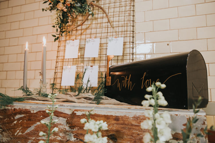 Mail Box Cards Black Calligraphy Copper Industrial Into The Wild Greenery Wedding Ideas http://www.ivoryfayre.com/