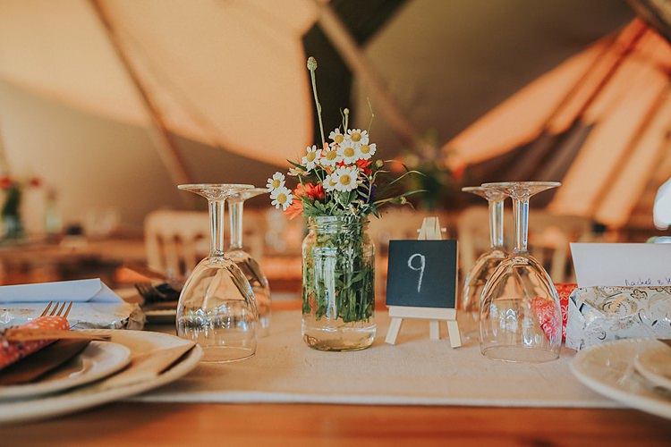 Jar Flowers Centrepiece Family Friendly Summer Tipi Outdoor Wedding http://www.brookrosephotography.co.uk/