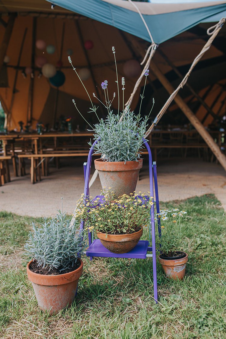 Potted Plants Ladder Stand Family Friendly Summer Tipi Outdoor Wedding http://www.brookrosephotography.co.uk/