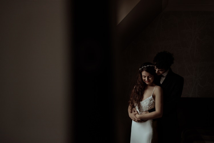 Bride Beaded Chiffon Bridal Gown Pearl Headband Groom Tailored Black Suit White Shirt Black Tie Breathtaking Wild Scotland Elopement http://www.theferros.com/