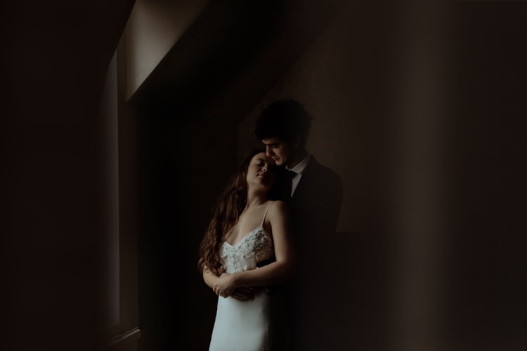 Bride Beaded Chiffon Bridal Gown Pearl Headband Groom Tailored Black Suit White Shirt Black Tie Breathtaking Wild Scotland Elopement http://www.theferros.com/