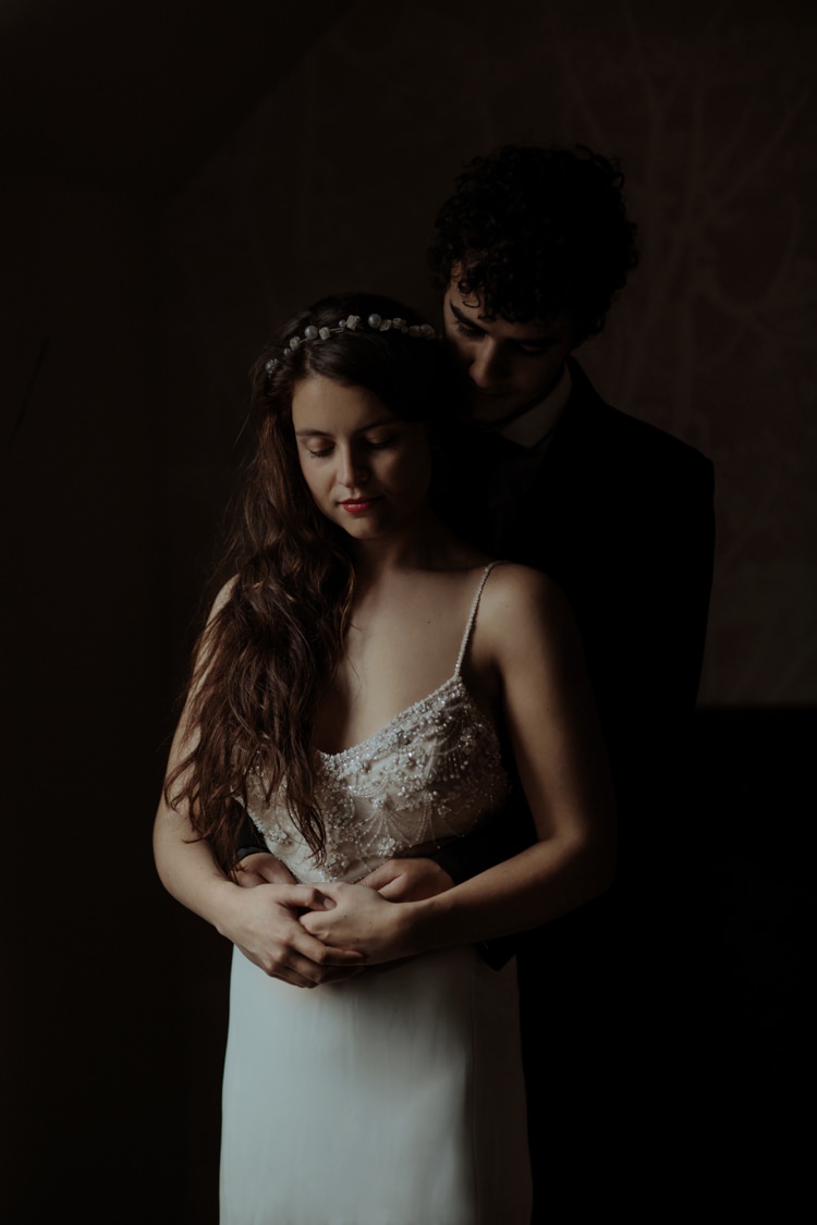 Bride Beaded Chiffon Bridal Gown Pearl Headband Groom Tailored Black Suit White Shirt Black Tie Breathtaking Wild Scotland Elopement http://www.theferros.com/