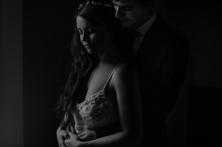 Bride Beaded Chiffon Bridal Gown Pearl Headband Groom Tailored Black Suit White Shirt Black Tie Breathtaking Wild Scotland Elopement http://www.theferros.com/