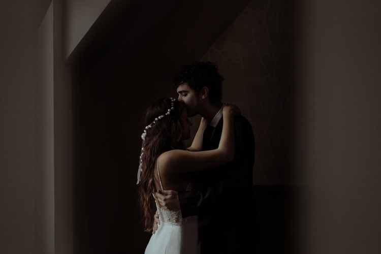 Bride Beaded Chiffon Bridal Gown Pearl Headband White Ribbon Groom Tailored Black Suit White Shirt Black Tie Breathtaking Wild Scotland Elopement http://www.theferros.com/