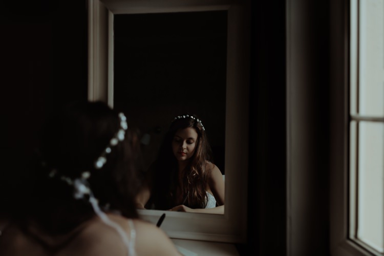 Bride Beaded Chiffon Bridal Gown Soft Curls Hairstyle Pearl Headband White Ribbon Breathtaking Wild Scotland Elopement http://www.theferros.com/