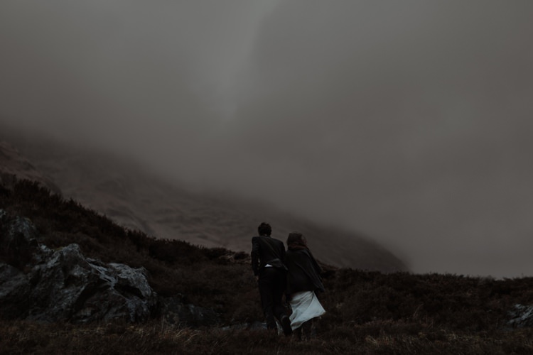 Bride Beaded Chiffon Bridal Gown Black Wrap Groom Black Tailored Suit Clouds Breathtaking Wild Scotland Elopement http://www.theferros.com/