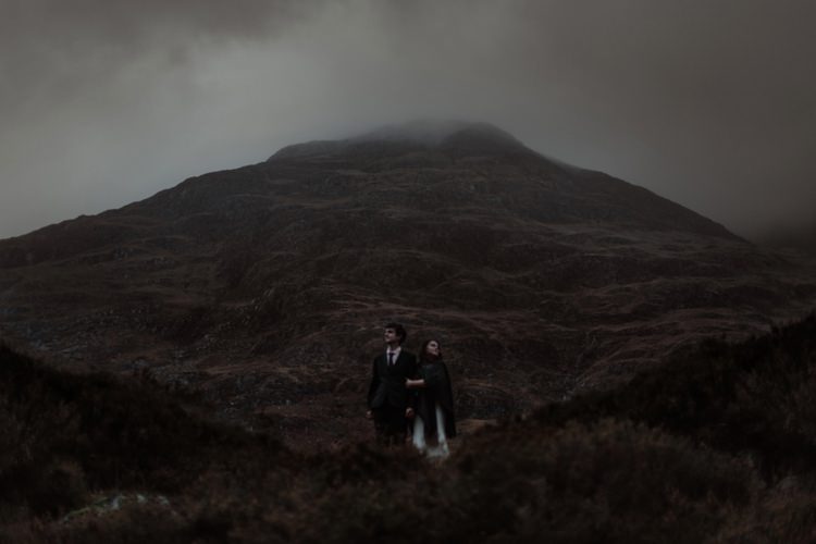 Bride Beaded Chiffon Bridal Gown Black Wrap Groom Black Tailored Suit White Shirt Black Tie Breathtaking Wild Scotland Elopement http://www.theferros.com/