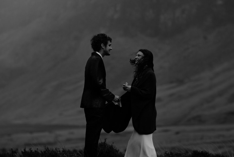 Bride Beaded Chiffon Bridal Gown Black Wrap Groom Black Tailored Suit White Shirt Black Tie Rain Wind Breathtaking Wild Scotland Elopement http://www.theferros.com/