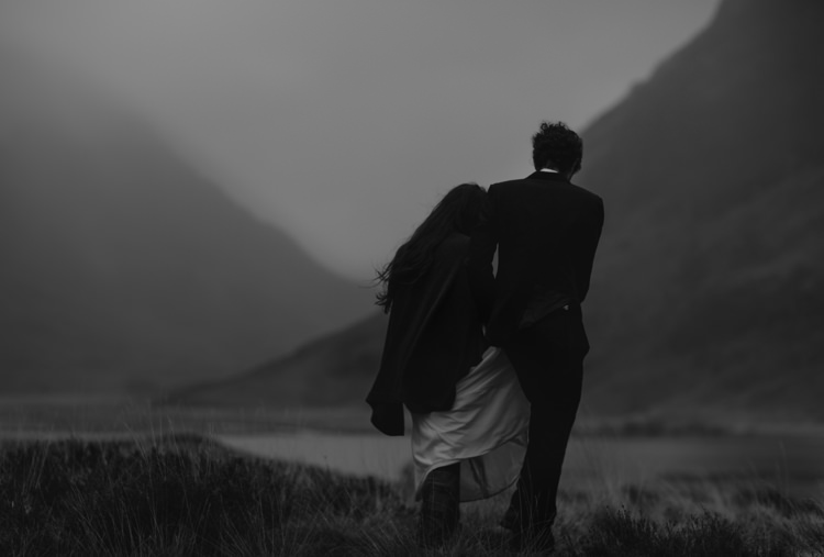 Bride Beaded Chiffon Bridal Gown Black Wrap Groom Tailored Black Suit Breathtaking Wild Scotland Elopement http://www.theferros.com/