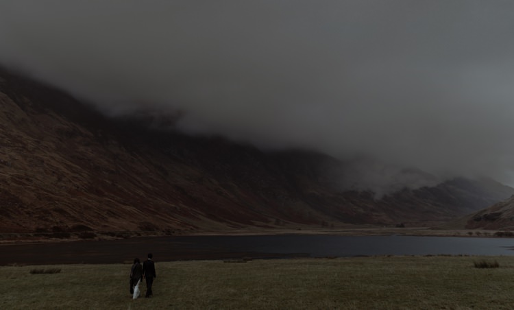 Bride Beaded Chiffon Bridal Gown Black Wrap Groom Black Tailored Suit Clouds Lake Hills Breathtaking Wild Scotland Elopement http://www.theferros.com/
