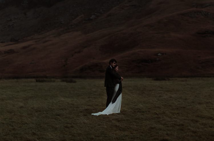 Bride Beaded Chiffon Bridal Gown Black Wrap Groom Black Tailored Suit White Shirt Hills Rain Breathtaking Wild Scotland Elopement http://www.theferros.com/