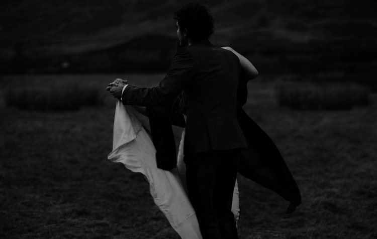 Bride Beaded Chiffon Bridal Gown Black Wrap Groom Tailored Black Suit Dancing Breathtaking Wild Scotland Elopement http://www.theferros.com/