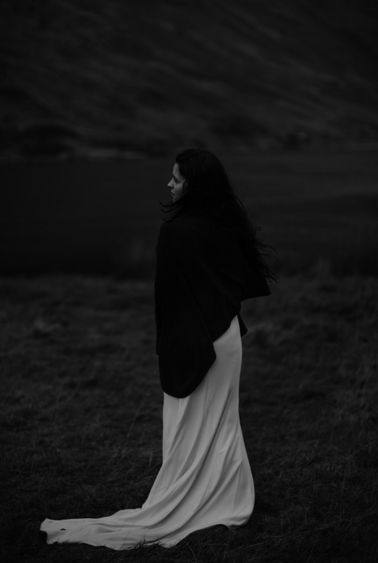Bride Beaded Chiffon Bridal Gown Black Wrap Breathtaking Wild Scotland Elopement http://www.theferros.com/