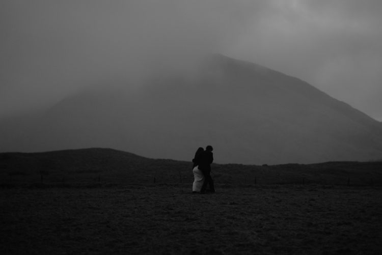 Bride Beaded Chiffon Bridal Gown Black Wrap Groom Tailored Black Suit Clouds Hills Breathtaking Wild Scotland Elopement http://www.theferros.com/