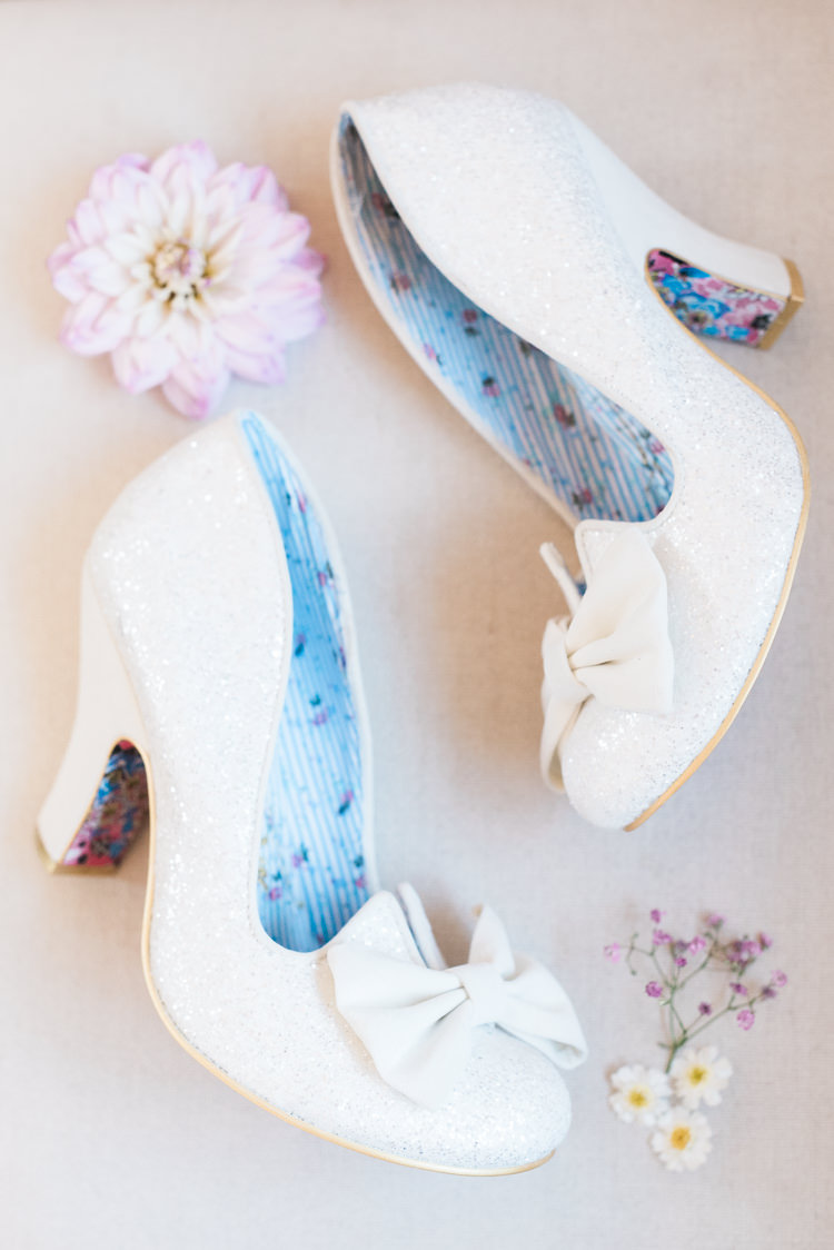 Glitter Shoes Bows Bridal Bride Irregular Choice Modern Rustic Ivory Barn Wedding http://vickylamburn.com/