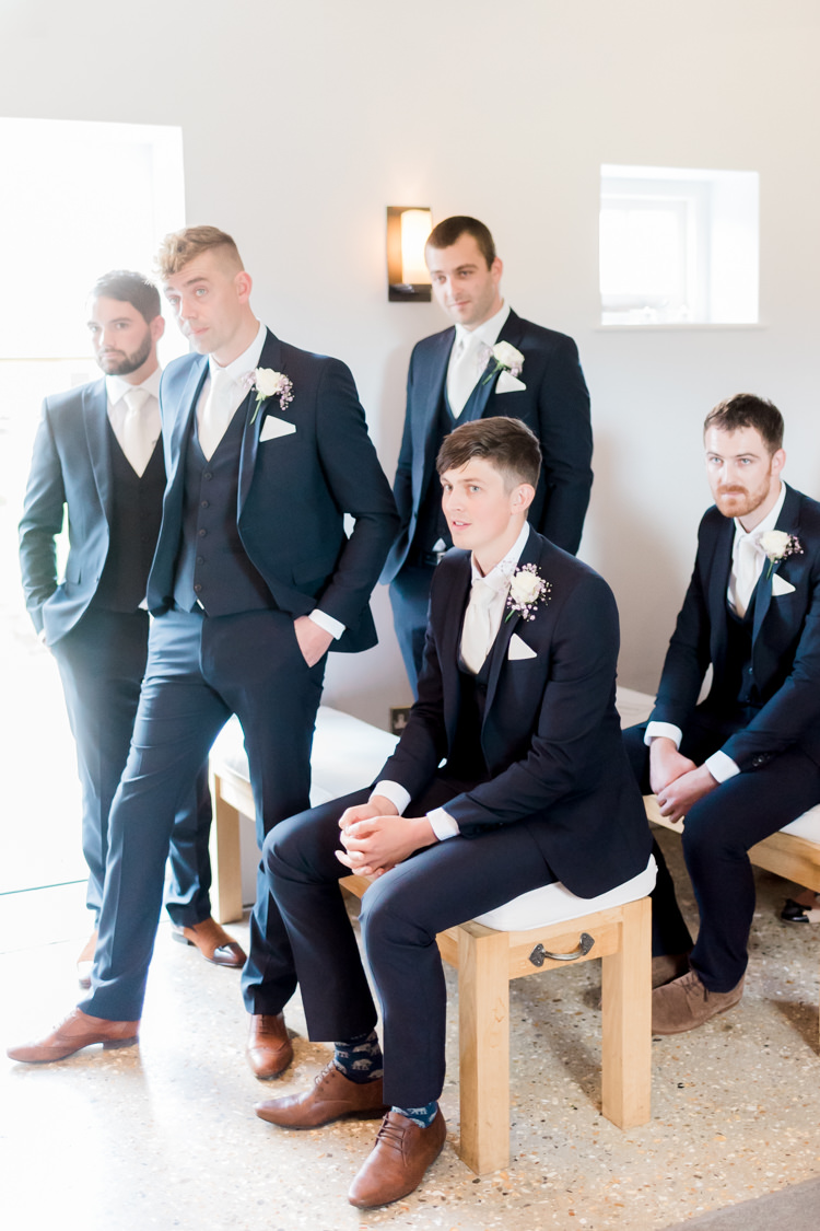Navy Suits Next Groomsmen Tan Shoes Modern Rustic Ivory Barn Wedding http://vickylamburn.com/