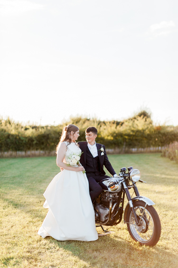 Motorbike Bride Groom Transport Modern Rustic Ivory Barn Wedding http://vickylamburn.com/