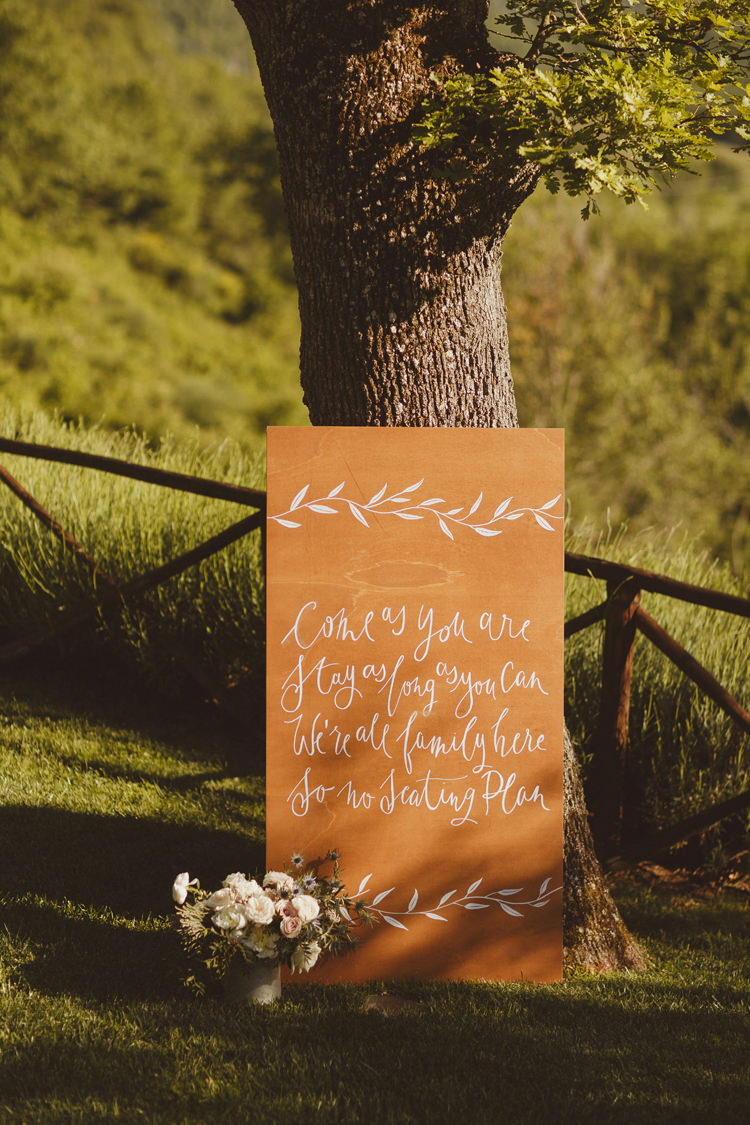 Calligraphy Wooden Sign No Seating Plan Beautifully Intimate Open Air Wedding Umbria http://www.edpeers.com/