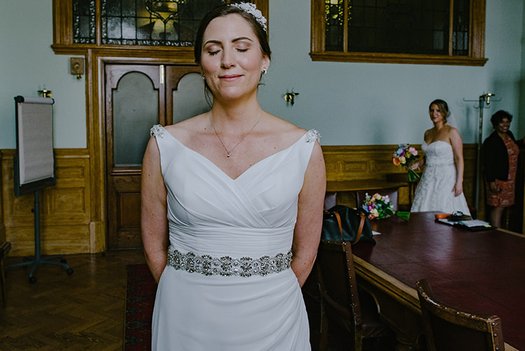 First Look Grecian Belt V Neck Hairpiece Brides Bridal Colourful Fun Party Brighton Wedding http://jmcsweeneyphotography.co.uk/
