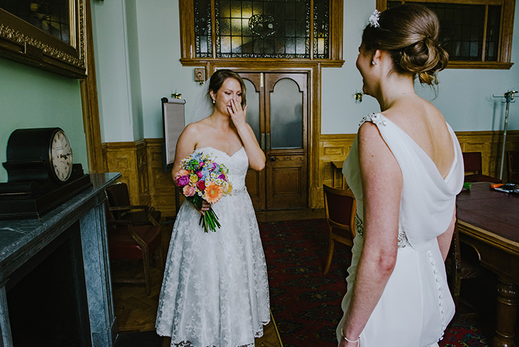 First Look Tea Length Dress Grecian Brides Bridal Multicolour Bouquet Colourful Fun Party Brighton Wedding http://jmcsweeneyphotography.co.uk/