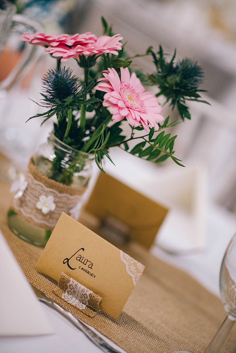 Table Setting Place Card Hessian Lace Pink Gerbera Colourful Fun Party Brighton Wedding http://jmcsweeneyphotography.co.uk/