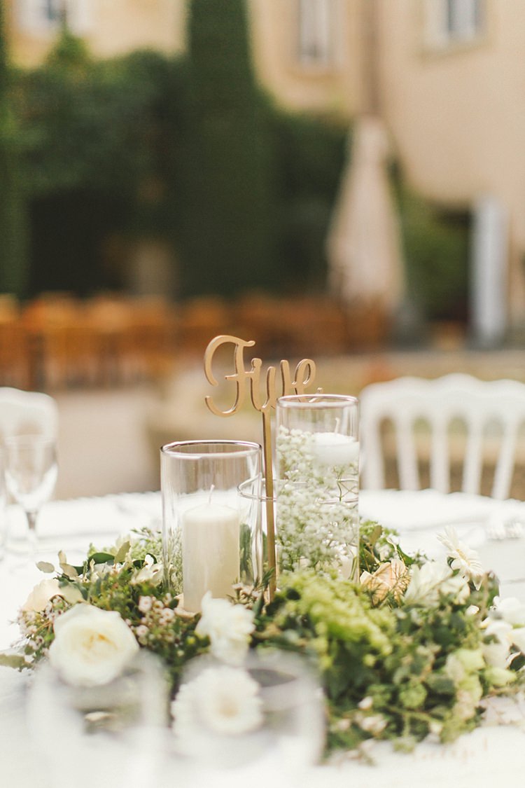 Table Number Laser Cut Gold Wooden Table Centre Candles Natural Romantic Chateau Destination Wedding South of France http://www.jayrowden.com/