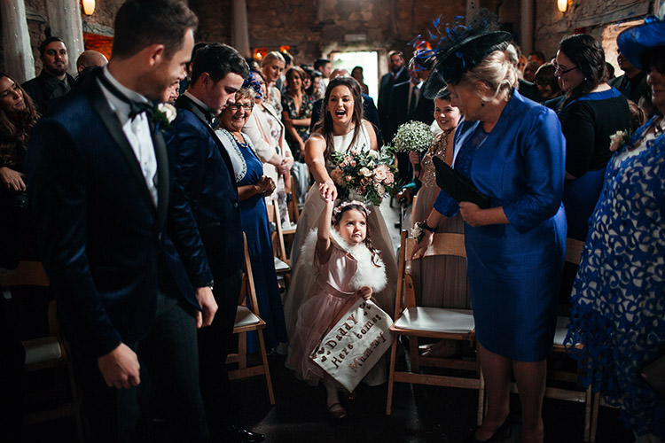 Flower Girl Daddy Here Comes Mummy Sign Aisle Stylish Winter Glamour Wedding http://lunaweddings.co.uk/
