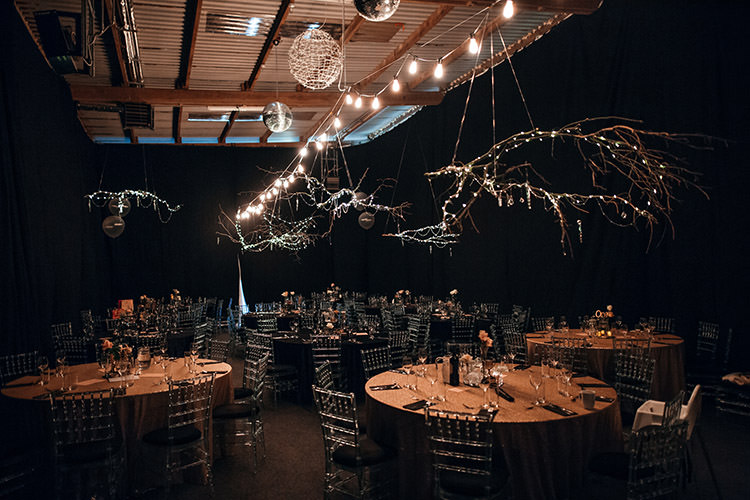 Dark Draping Fabric Reception Lighting Branches Gold Sequins Stylish Winter Glamour Wedding http://lunaweddings.co.uk/