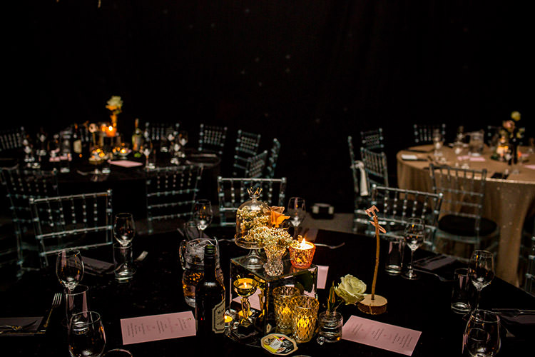 Sequin Table Cloths Mirror Centrepieces Gold Flowers Candles Stylish Winter Glamour Wedding http://lunaweddings.co.uk/