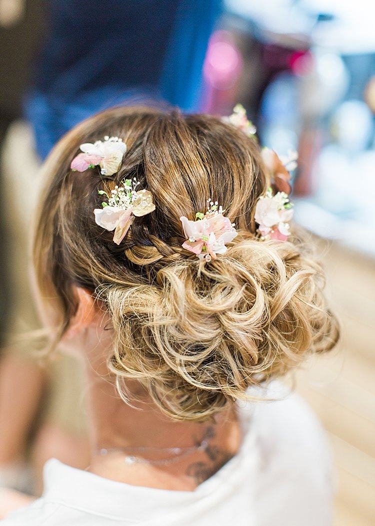 Bride Bridal Hair Floral Bun Romantic Soft Pastels Barn Wedding http://www.sungblue.com/