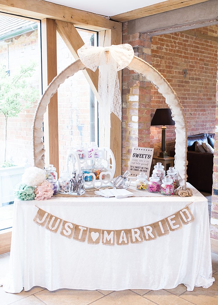 Sweet Table Rustic Bunting Jars Pom Poms Romantic Soft Pastels Barn Wedding http://www.sungblue.com/