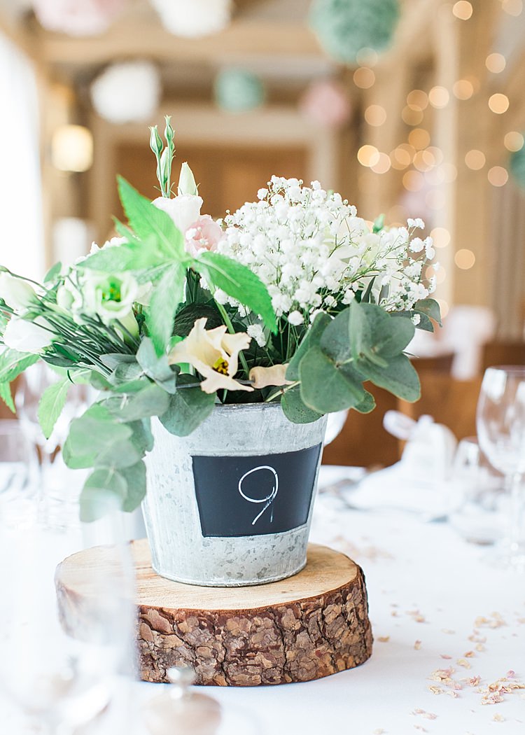 Table Number Table Centre Gypsophila Metal Bucket Greenery Romantic Soft Pastels Barn Wedding http://www.sungblue.com/