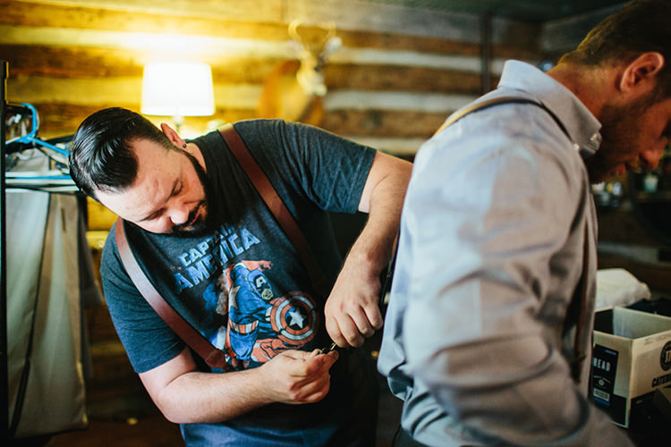 Groom Groomsmen Ceremony Preparations Leather Suspenders Novelty T-shirt Creative Quirky Rustic Barn Wedding Tennessee http://www.alexbeephoto.com/