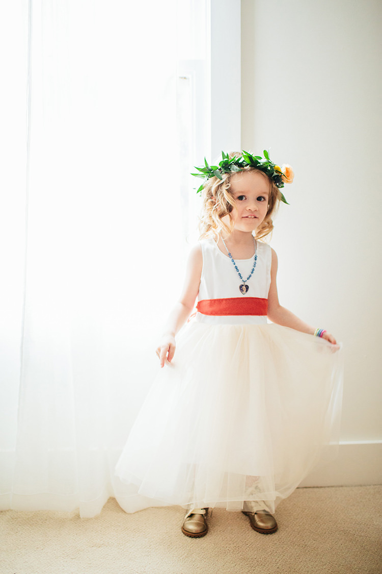 Flowergirl White Dress Rust Ribbon Floral Crown Gold Shoes Creative Quirky Rustic Barn Wedding Tennessee http://www.alexbeephoto.com/