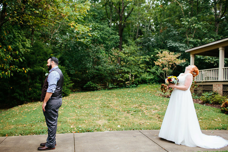 First Look Bride Lace Tulle Bridal Gown Multicoloured Bouquet Groom Dark Grey Pants Light Grey Shirt Custom Vest Creative Quirky Rustic Barn Wedding Tennessee http://www.alexbeephoto.com/