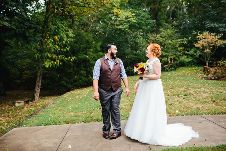 First Look Bride Lace Tulle Bridal Gown Multicoloured Bouquet Groom Dark Grey Pants Light Grey Shirt Custom Vest Creative Quirky Rustic Barn Wedding Tennessee http://www.alexbeephoto.com/